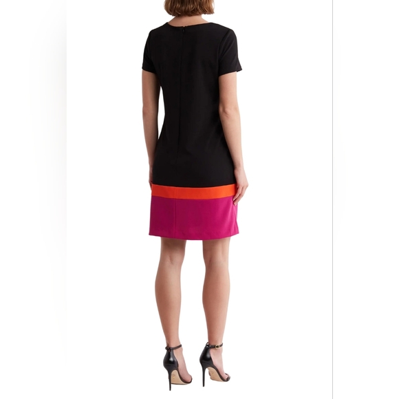 Tahari Asl Scoop Neck Short Sleeve Sheath Stretch Crepe Short Dress - Picture 2 of 5